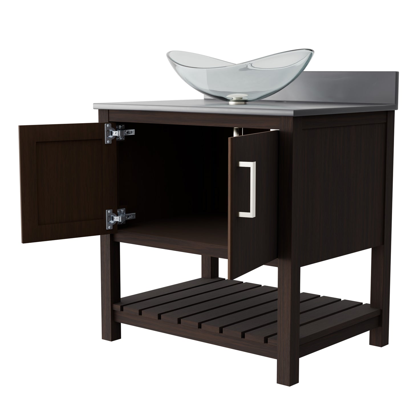 30-inch Novatto bath vanity with storm grey quartz countertop and sink, showcasing sleek bathroom accessory design.