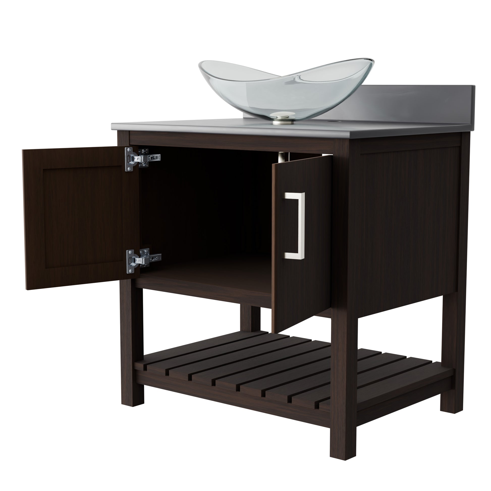 30-inch Novatto bath vanity with storm grey quartz countertop and sink, showcasing sleek bathroom accessory design.