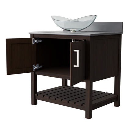 30-inch Novatto bath vanity with storm grey quartz countertop and sink, showcasing sleek bathroom accessory design.