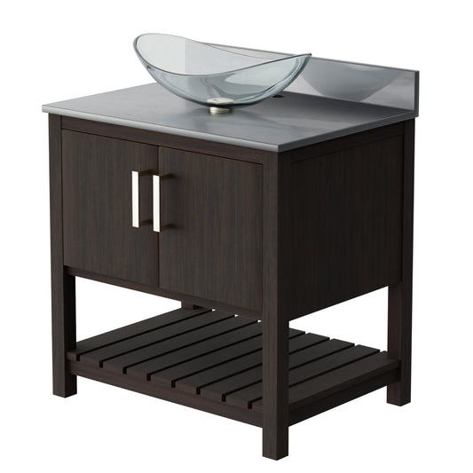 30-inch Novatto bath vanity with storm grey quartz countertop and integrated sink, showcasing modern bathroom accessory design.