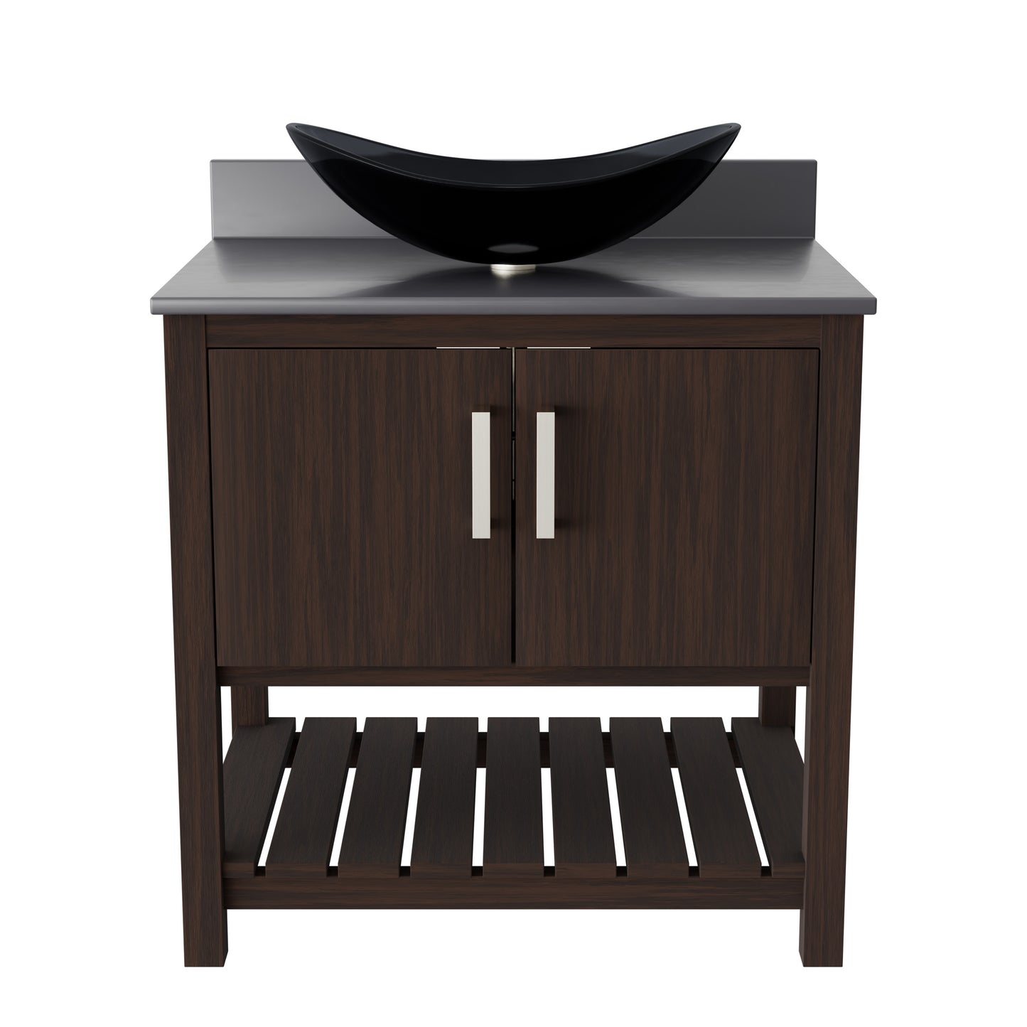 30-inch Novatto bathroom vanity with storm grey quartz countertop and integrated sink, stylish accessory for modern bathrooms.