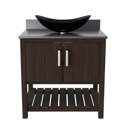 30-inch Novatto bathroom vanity with storm grey quartz countertop and integrated sink, stylish accessory for modern bathrooms.
