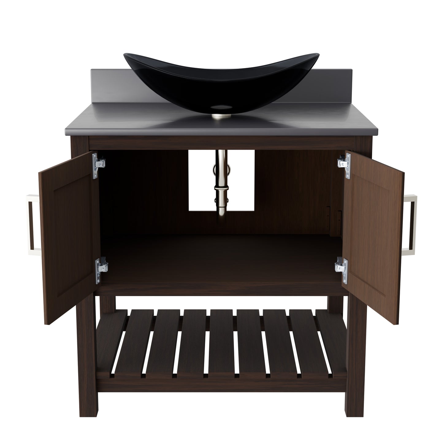 30-inch Novatto bathroom vanity with storm grey quartz countertop and sink, showcasing sleek modern design and durable surface.