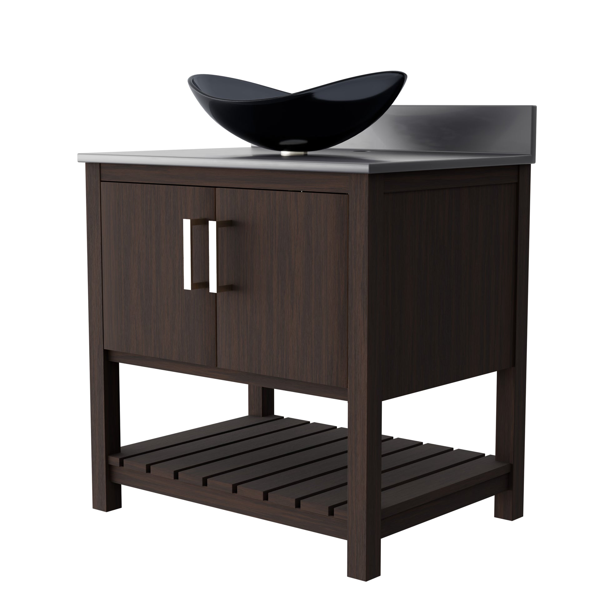 Novatto 30-inch bath vanity with storm grey quartz countertop and sink, showcasing modern bathroom accessory design.