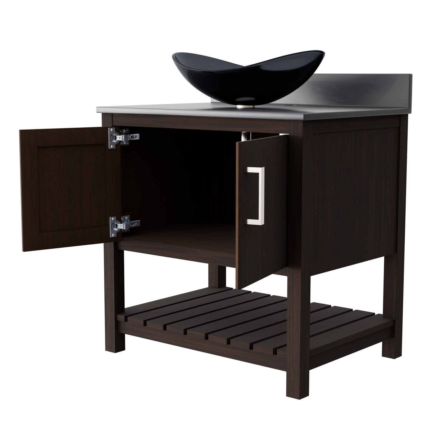 30-inch Novatto bath vanity with storm grey quartz countertop and sink, showcasing sleek bathroom accessory design.