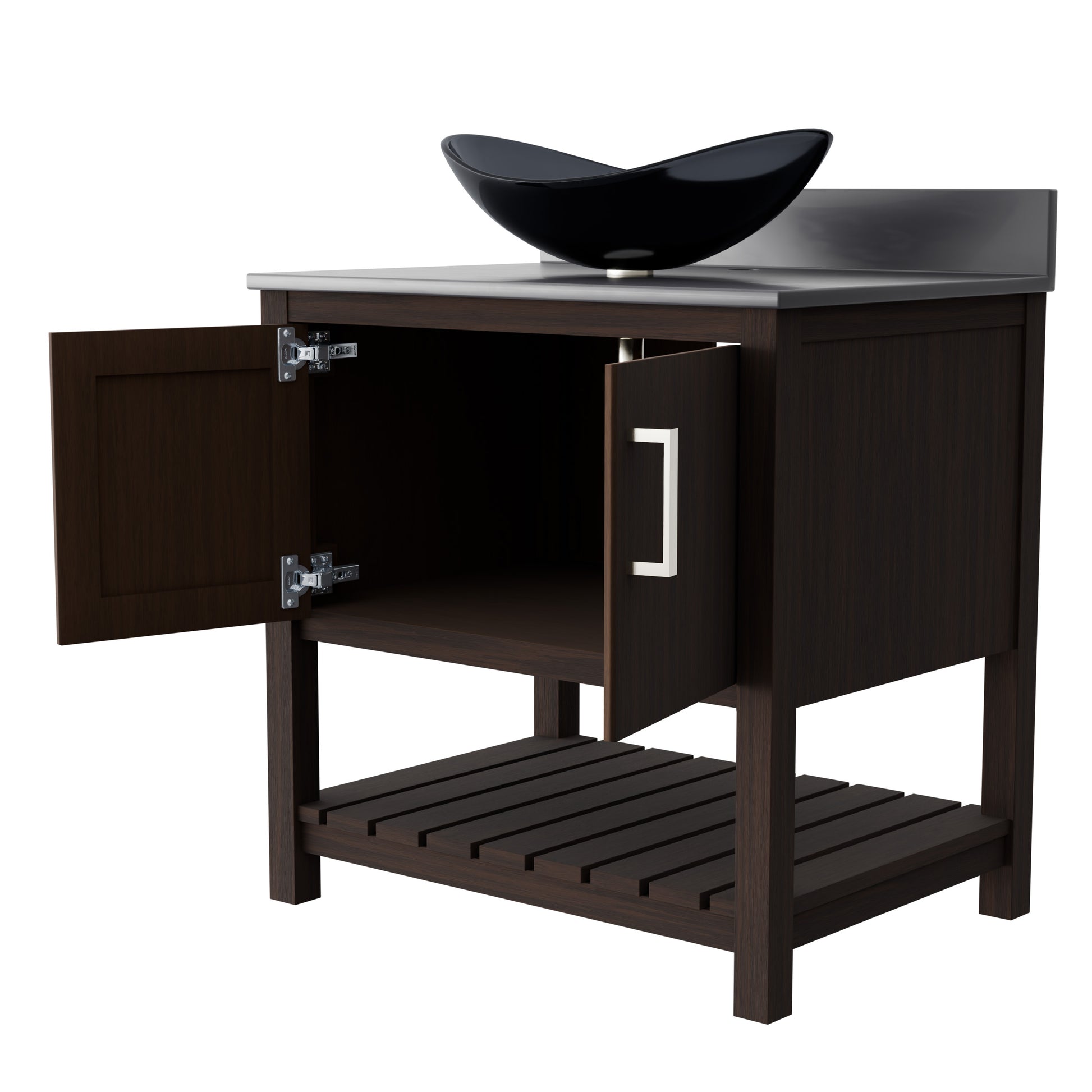 30-inch Novatto bath vanity with storm grey quartz countertop and sink, showcasing sleek bathroom accessory design.