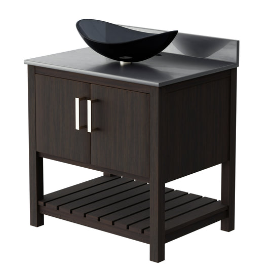30-inch Novatto bath vanity with storm grey quartz countertop and sink, showcasing sleek bathroom accessory design.