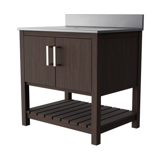 Novatto 30-inch vanity with storm grey quartz countertop, modern bathroom accessory with sleek design and durable surface.