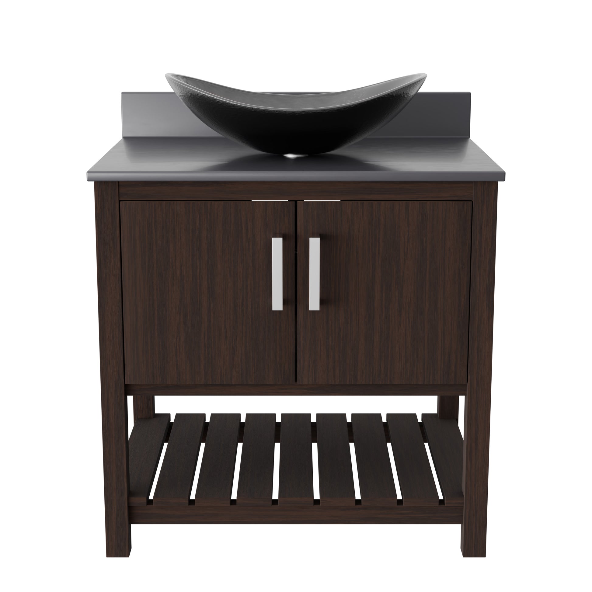 30-inch Novatto bath vanity with storm grey quartz countertop and integrated sink, modern bathroom accessory.