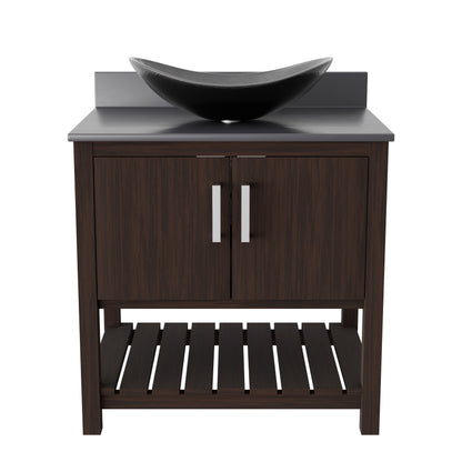 30-inch Novatto bath vanity with storm grey quartz countertop and integrated sink, modern bathroom accessory.