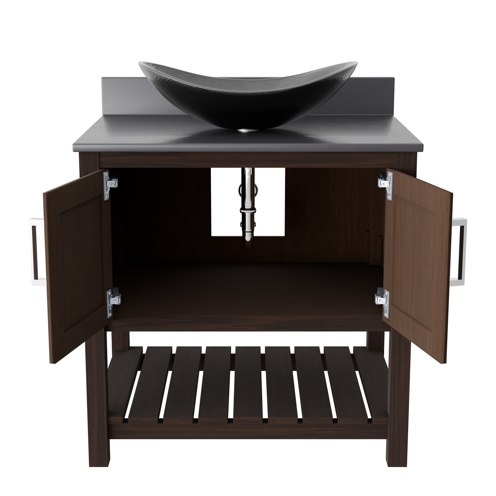 Novatto 30-inch bath vanity with storm grey quartz countertop and integrated sink, modern bathroom accessory.