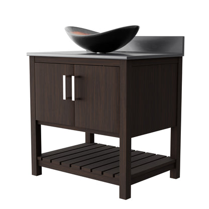 Novatto 30-inch bath vanity with storm grey quartz countertop and integrated sink, modern bathroom accessory.