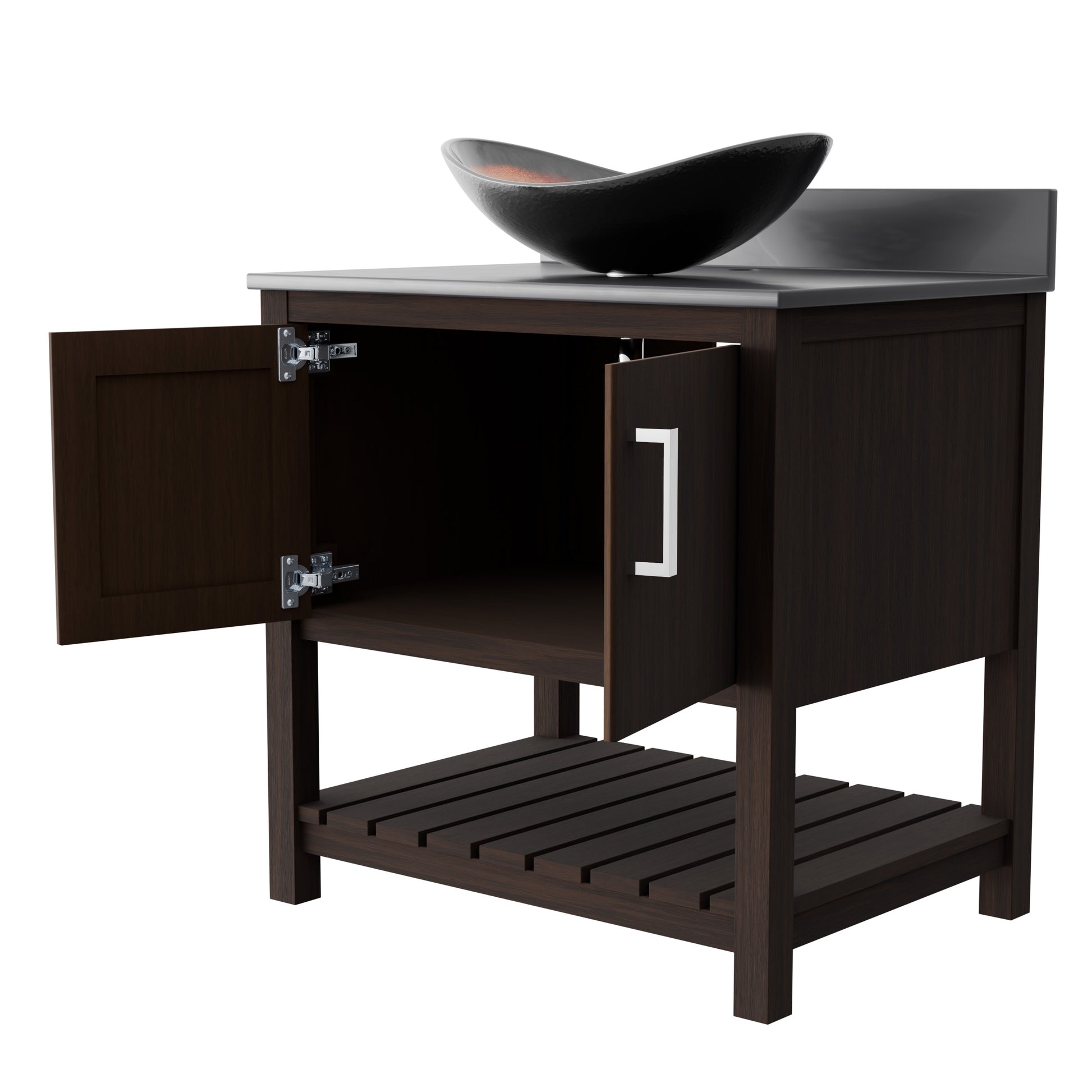30-inch Novatto bath vanity with storm grey quartz counter and integrated sink, showcasing sleek bathroom accessory design.