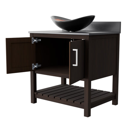 30-inch Novatto bath vanity with storm grey quartz counter and integrated sink, showcasing sleek bathroom accessory design.