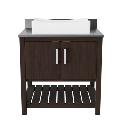 30-inch Novatto bath vanity with storm grey quartz countertop and sink, featuring modern bathroom accessory design.