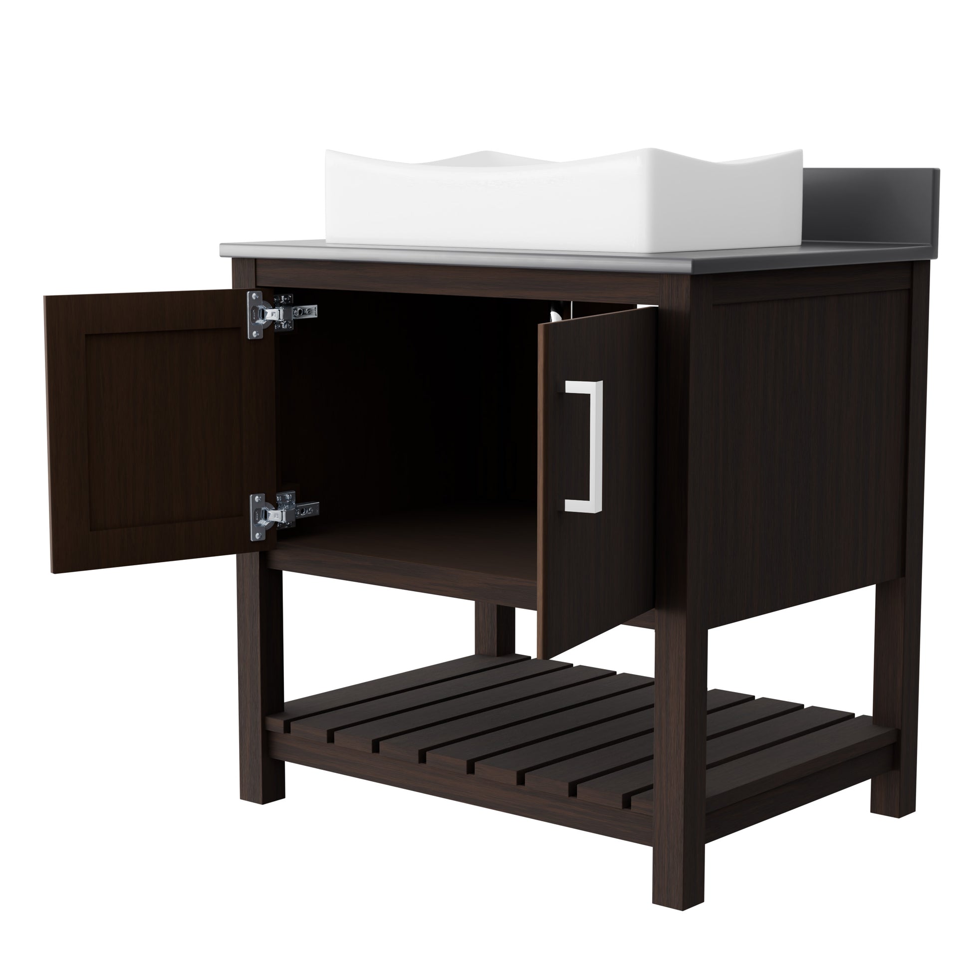 30-inch Novatto bath vanity with storm grey quartz countertop and sink, showcasing modern bathroom accessory design.