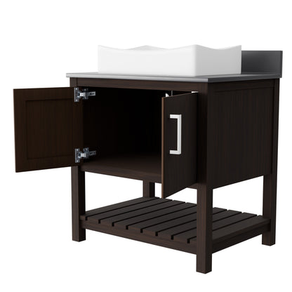 30-inch Novatto bath vanity with storm grey quartz countertop and sink, showcasing modern bathroom accessory design.