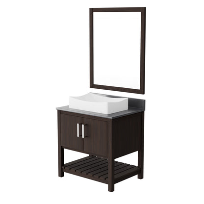 30-inch Novatto bath vanity with storm grey quartz countertop and integrated sink, modern bathroom accessory.