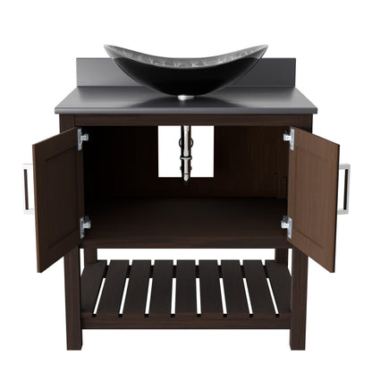 Novatto 30-inch bath vanity with storm grey quartz counter and sink, featuring a modern bathroom accessory design.