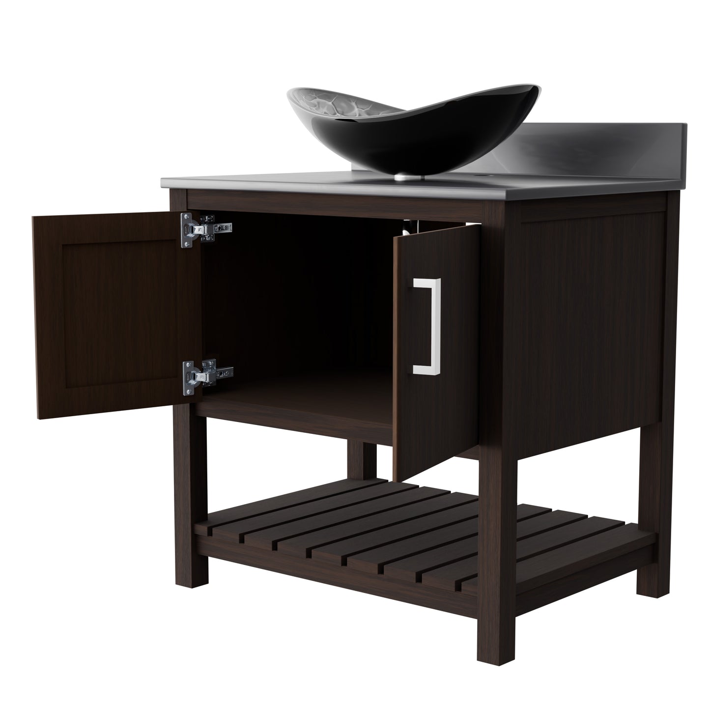 30-inch Novatto bath vanity with storm grey quartz countertop and sink, showcasing sleek bathroom accessory design.