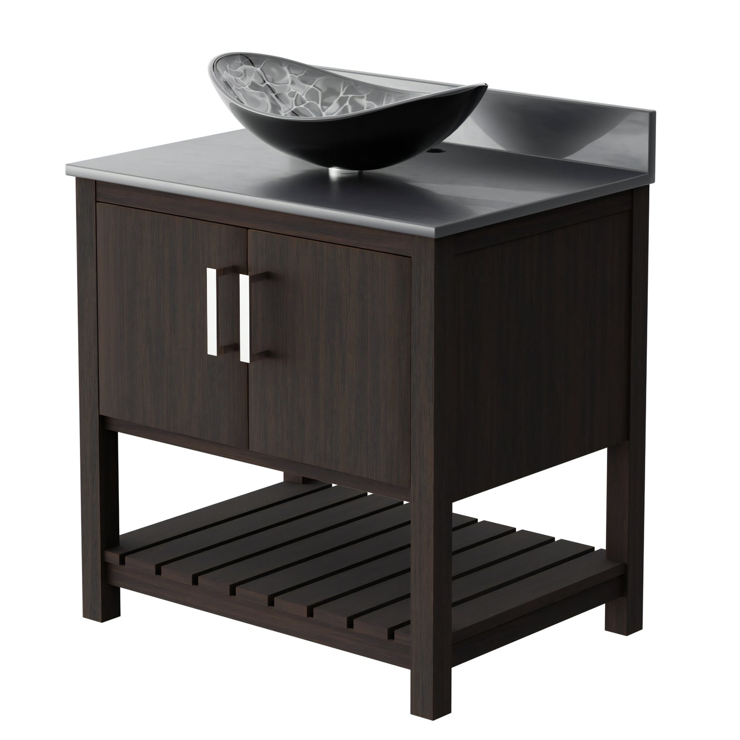 30-inch Novatto bath vanity with storm grey quartz countertop and sink, featuring modern bathroom accessory design.