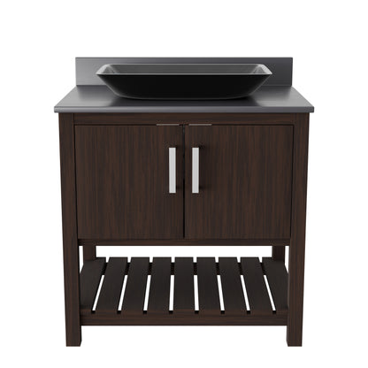 30-inch Novatto bath vanity with storm grey quartz countertop and sink, showcasing modern bathroom fixture design.
