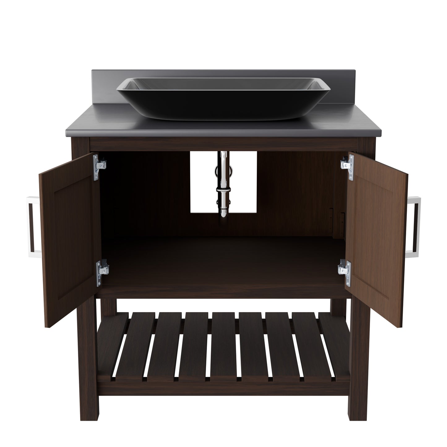 30-inch Novatto bath vanity with storm grey quartz countertop and sink, showcasing its sleek design and modern style.