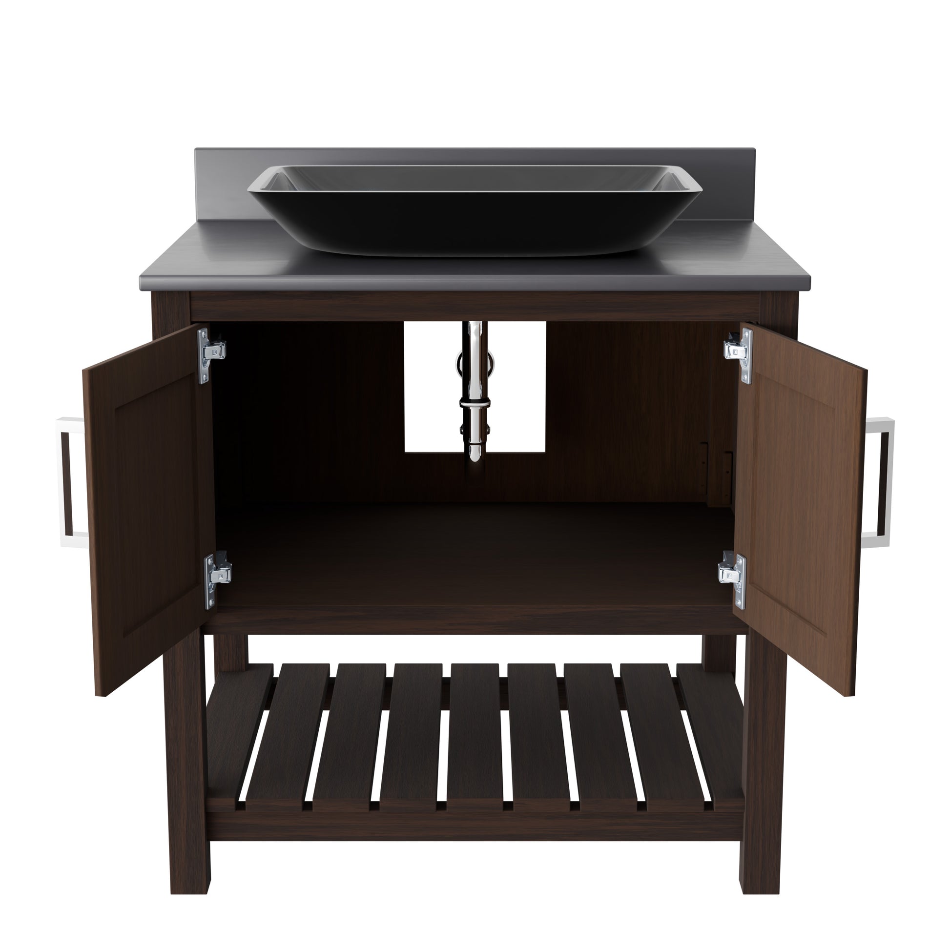 30-inch Novatto bath vanity with storm grey quartz countertop and sink, showcasing its sleek design and modern style.