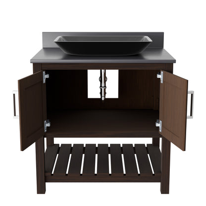 30-inch Novatto bath vanity with storm grey quartz countertop and sink, showcasing its sleek design and modern style.