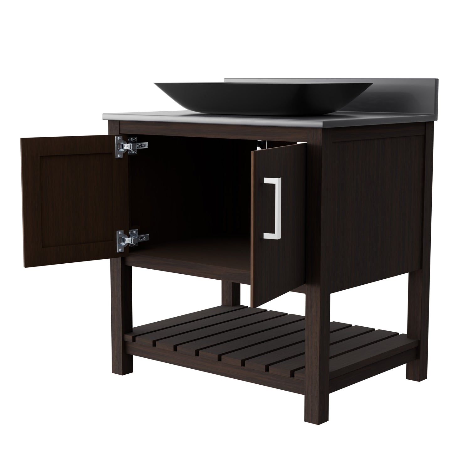 30-inch Novatto bathroom vanity with storm grey quartz countertop and integrated sink, modern accessory for bathroom decor