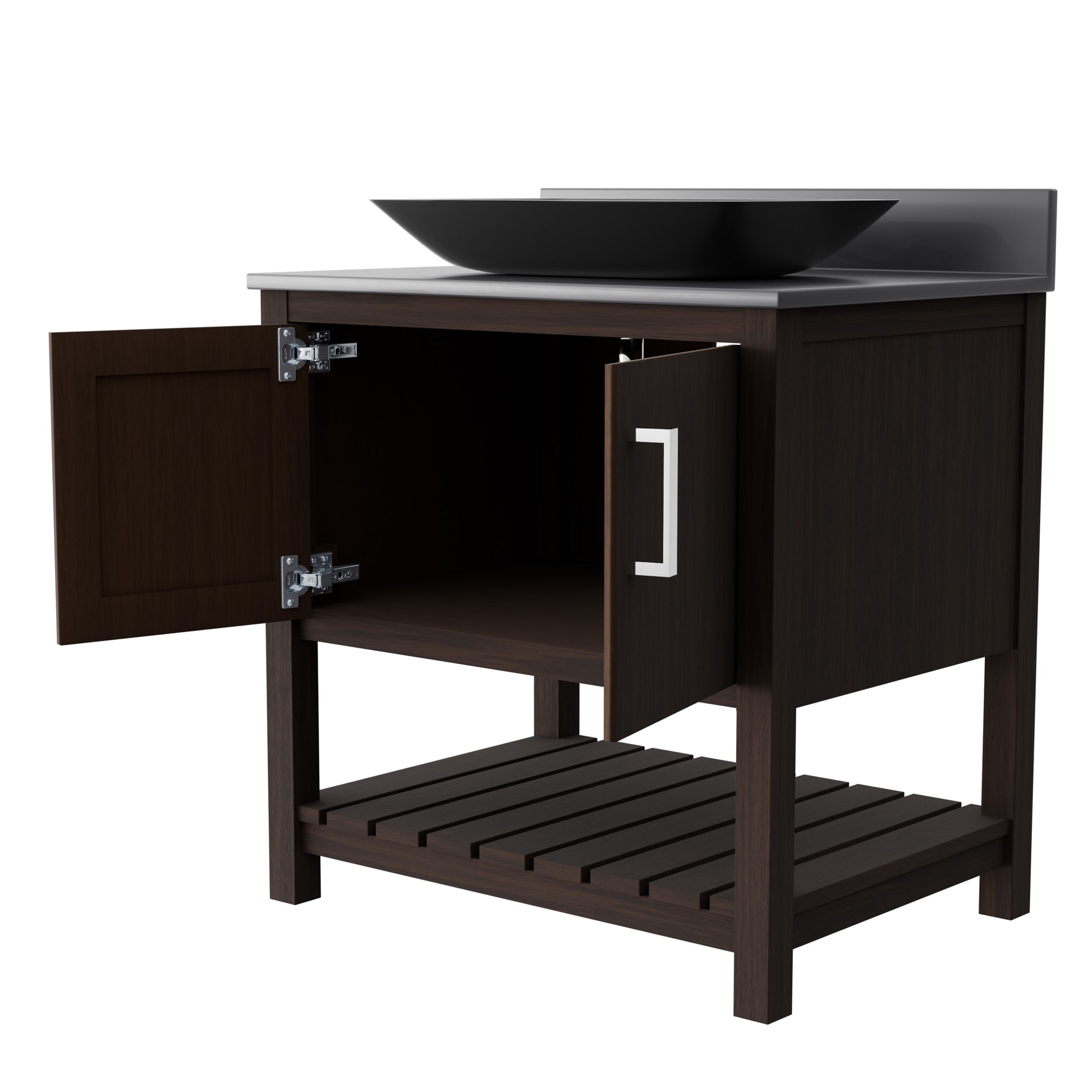 30-inch Novatto bathroom vanity with storm grey quartz countertop and integrated sink, modern accessory for bathroom decor