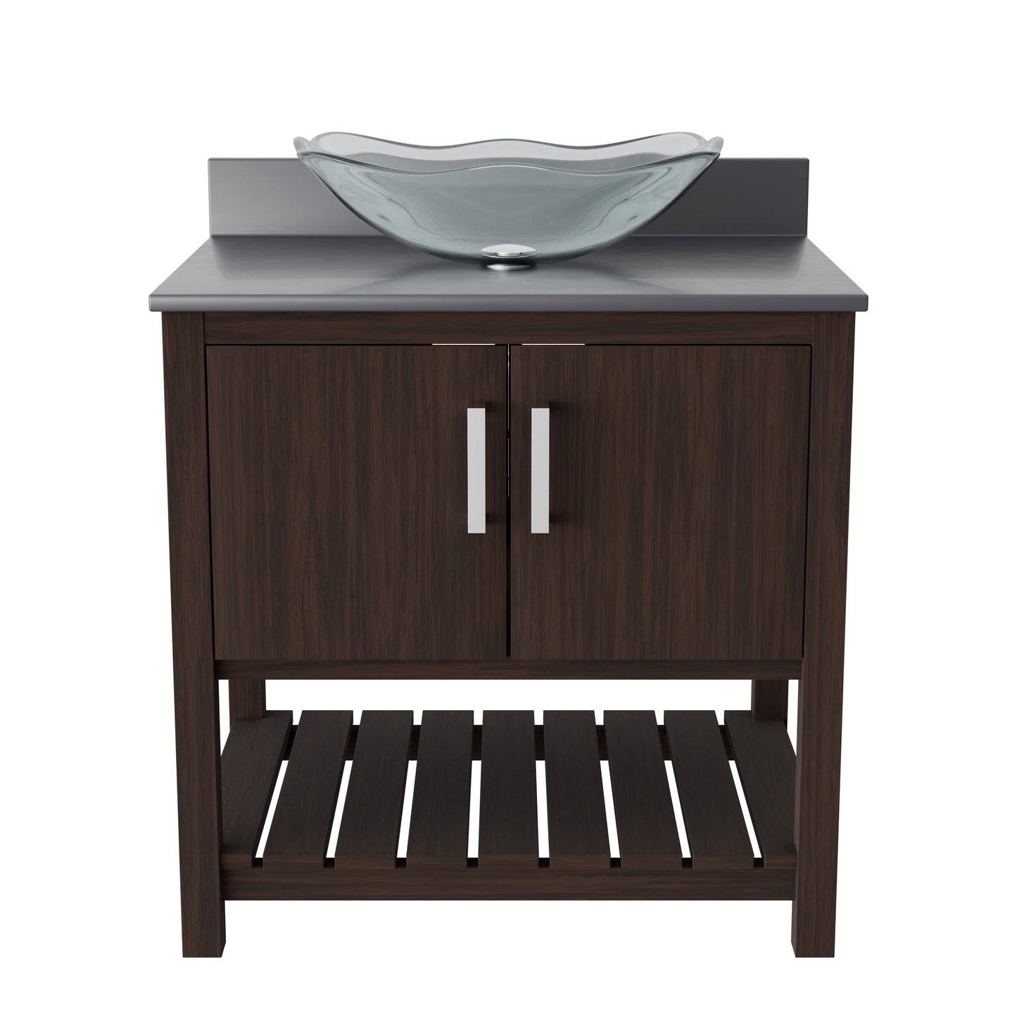 30-inch Novatto bath vanity with storm grey quartz countertop and integrated sink, showcasing sleek bathroom accessory design