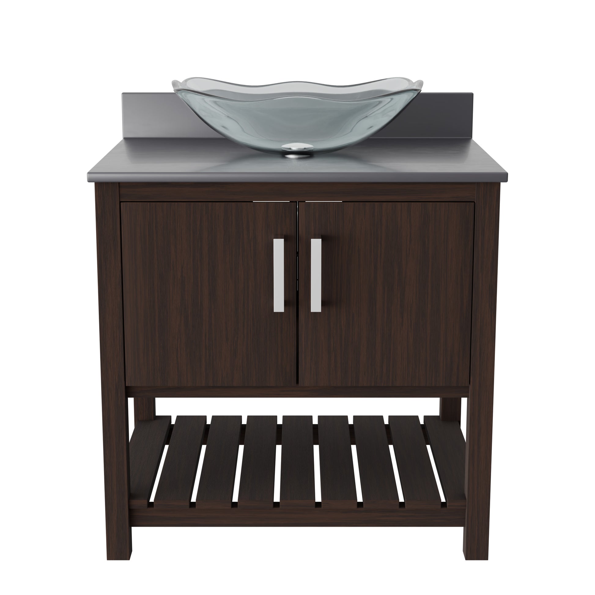 30-inch Novatto bath vanity with storm grey quartz countertop and integrated sink, showcasing sleek bathroom accessory design