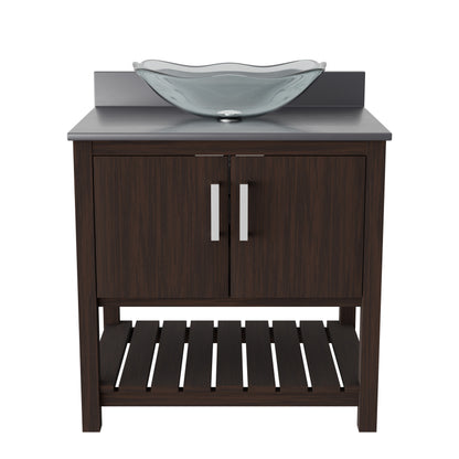 30-inch Novatto bath vanity with storm grey quartz countertop and integrated sink, showcasing sleek bathroom accessory design