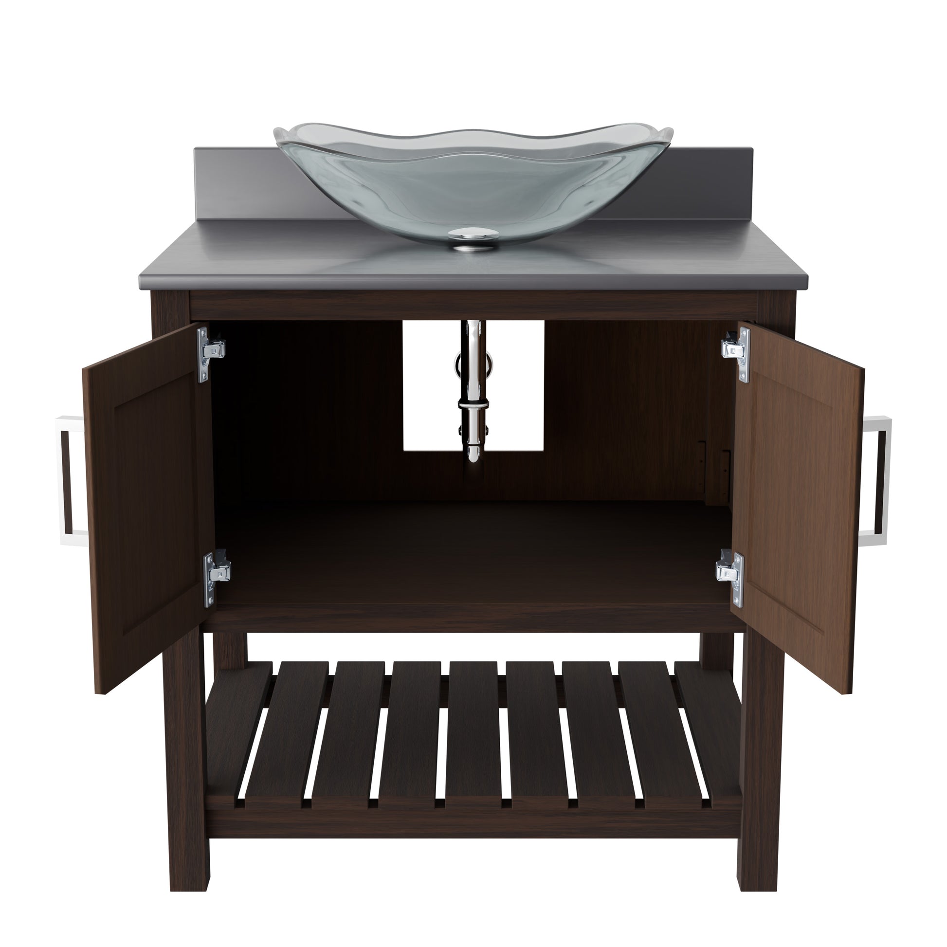 30-inch Novatto bath vanity with storm grey quartz countertop and sink, showcasing sleek bathroom accessory design.
