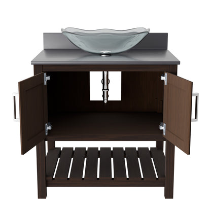 30-inch Novatto bath vanity with storm grey quartz countertop and sink, showcasing sleek bathroom accessory design.