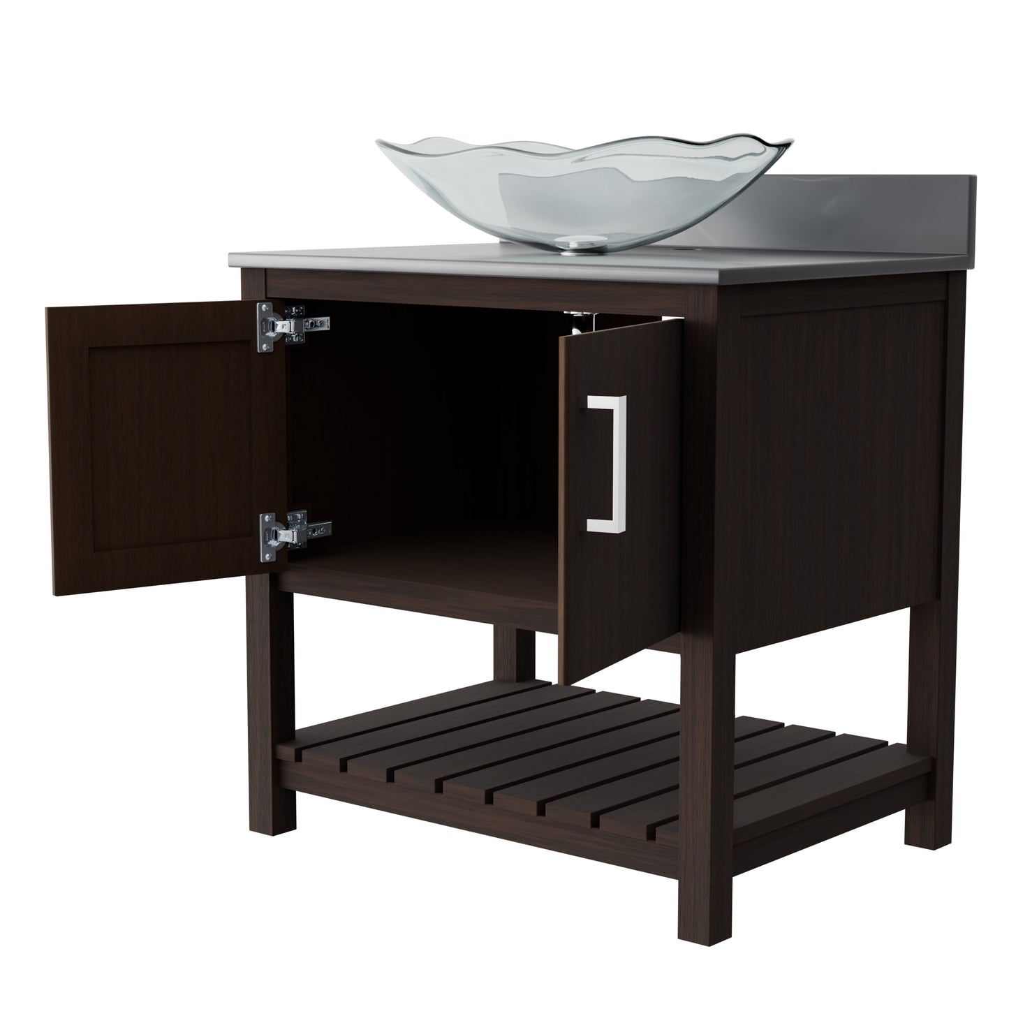 30-inch Novatto bath vanity with storm grey quartz countertop and integrated sink, showcasing modern bathroom accessory design.