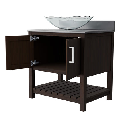 30-inch Novatto bath vanity with storm grey quartz countertop and integrated sink, showcasing modern bathroom accessory design.