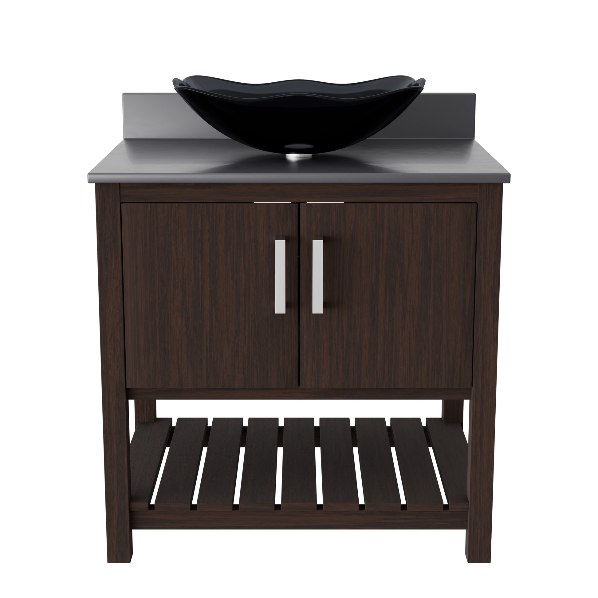 30-inch Novatto bath vanity with storm grey quartz countertop and integrated sink, showcasing modern bathroom accessory design.