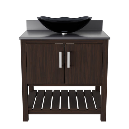 30-inch Novatto bath vanity with storm grey quartz countertop and integrated sink, showcasing modern bathroom accessory design.