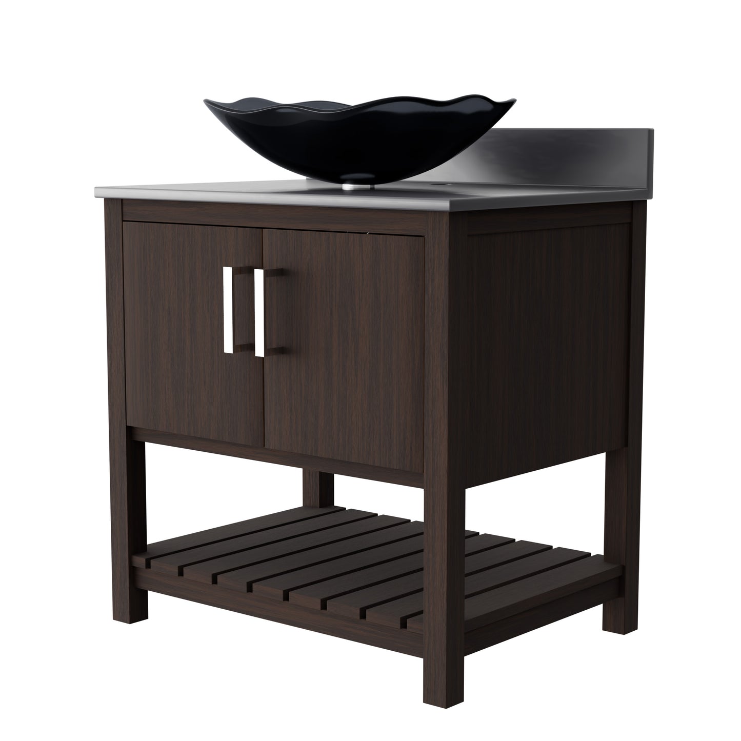 30-inch Novatto bath vanity with storm grey quartz countertop and integrated sink, shown from a front view.
