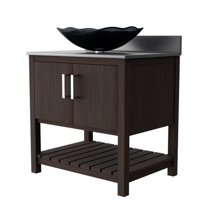 30-inch Novatto bath vanity with storm grey quartz countertop and integrated sink, shown from a front view.