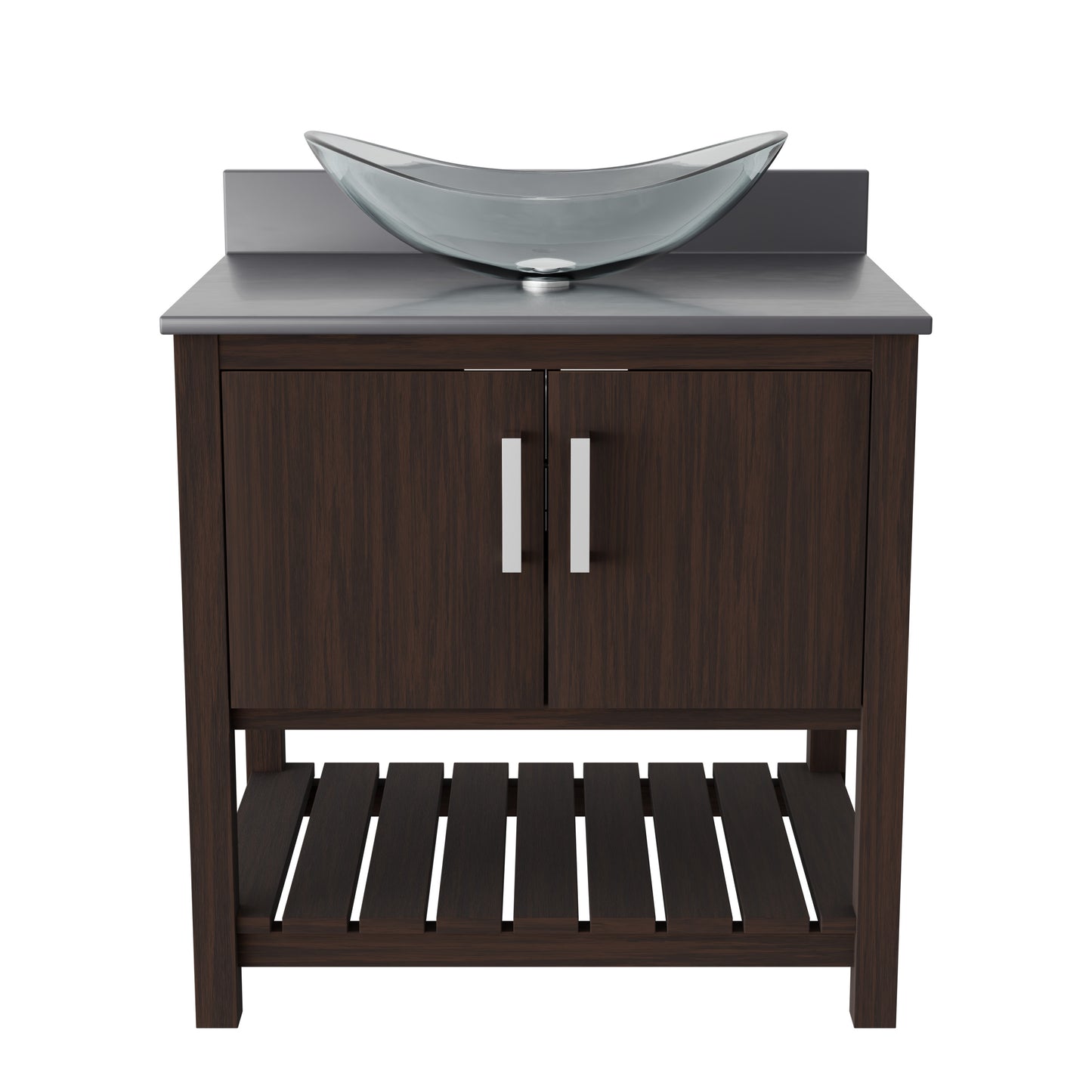30-inch Novatto bath vanity with storm grey quartz countertop and integrated sink, showcasing sleek bathroom accessory design