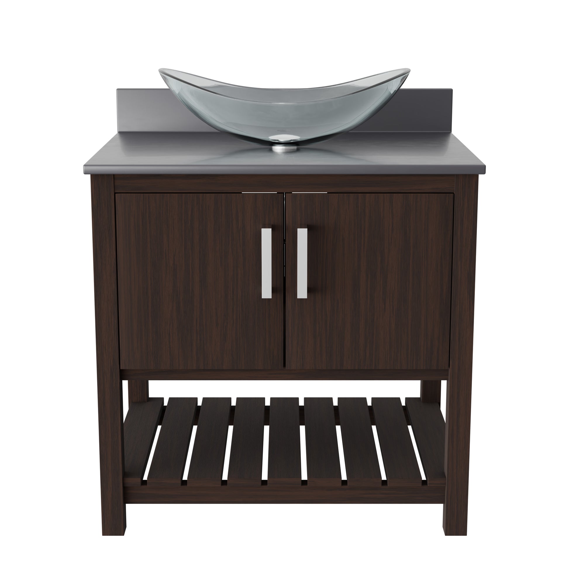 30-inch Novatto bath vanity with storm grey quartz countertop and integrated sink, showcasing sleek bathroom accessory design