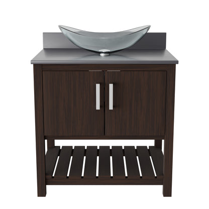 30-inch Novatto bath vanity with storm grey quartz countertop and integrated sink, showcasing sleek bathroom accessory design