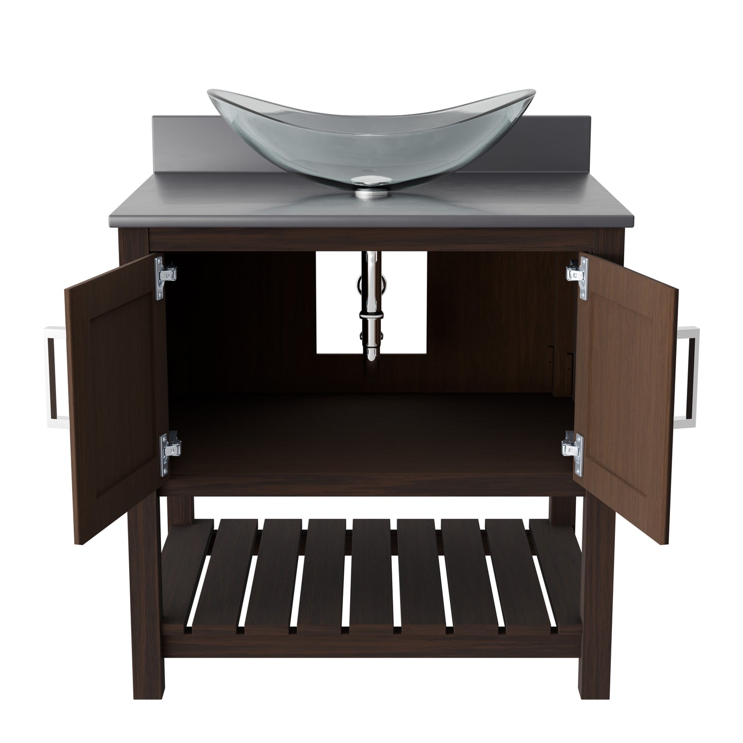 30-inch Novatto bath vanity with storm grey quartz countertop and integrated sink, showcasing modern bathroom accessory design.