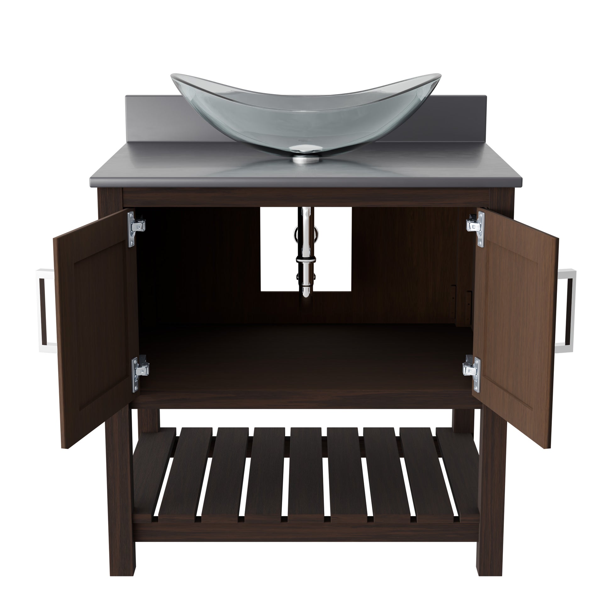 30-inch Novatto bath vanity with storm grey quartz countertop and integrated sink, showcasing modern bathroom accessory design.