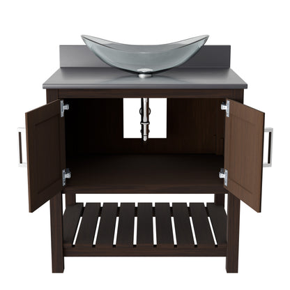 30-inch Novatto bath vanity with storm grey quartz countertop and integrated sink, showcasing modern bathroom accessory design.