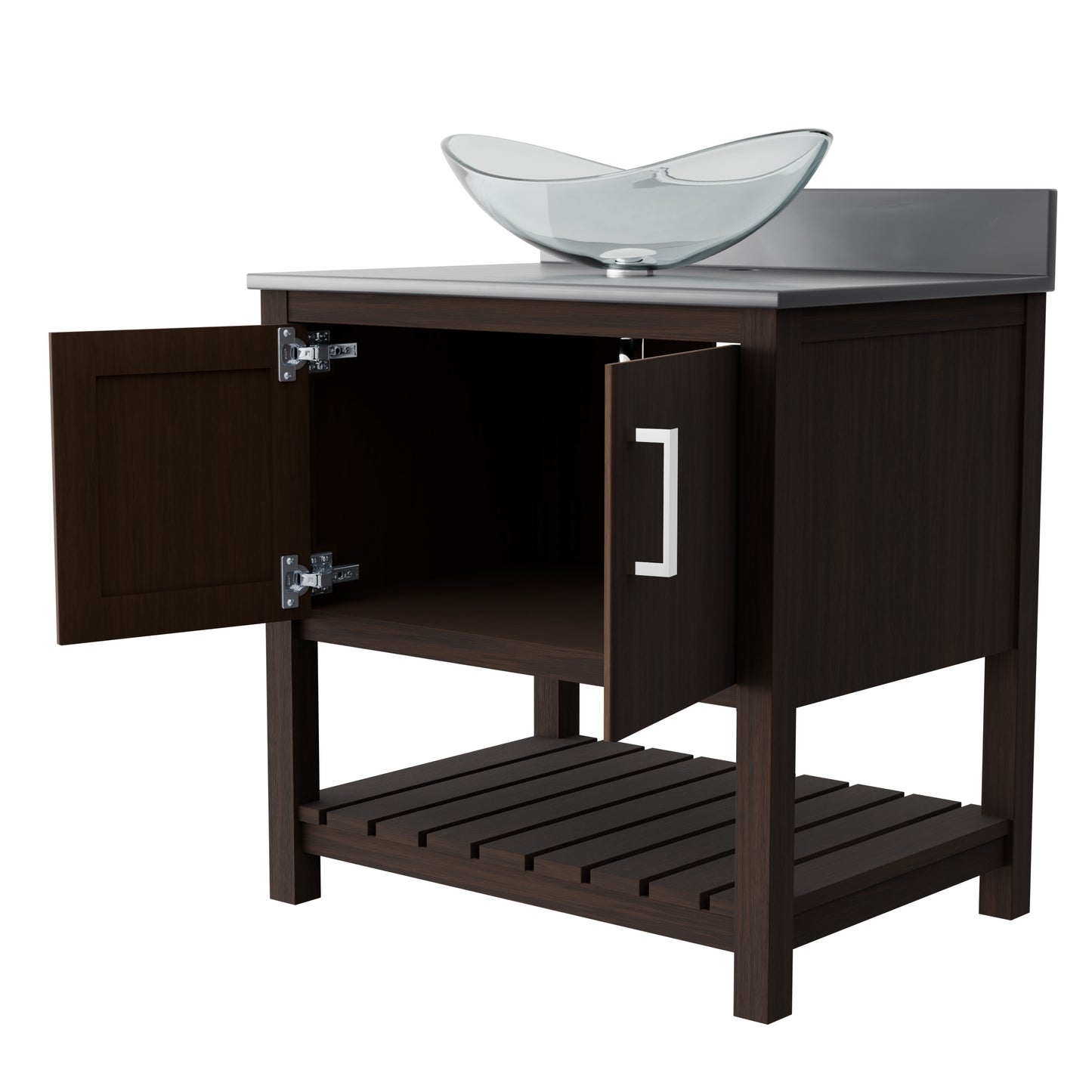 Novatto 30-inch bath vanity with storm grey quartz countertop and sink, showcasing modern bathroom accessory design.