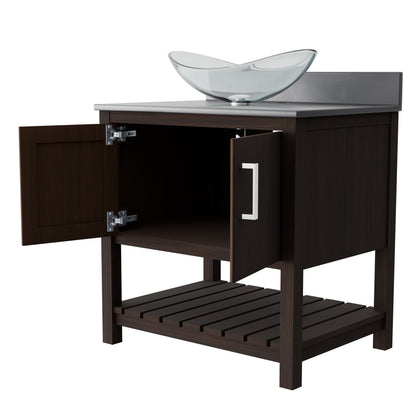 Novatto 30-inch bath vanity with storm grey quartz countertop and sink, showcasing modern bathroom accessory design.
